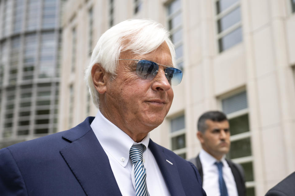 FILE - In this July 12, 2021, file photo, horse trainer Bob Baffert leaves federal court in the Brooklyn borough of New York. The New York Racing Association has charged Baffert with detrimental conduct and scheduled a hearing for the two-time Triple Crown-winning trainer to respond to those allegations. NYRA announced the beginning of the hearing process Friday, Sept. 10,2 021, adding the organization believes his conduct warrants suspension or revocation of his right to train horses or enter races at Aqueduct Racetrack, Belmont Park and Saratoga Race Course. (AP Photo/John Minchillo, File)