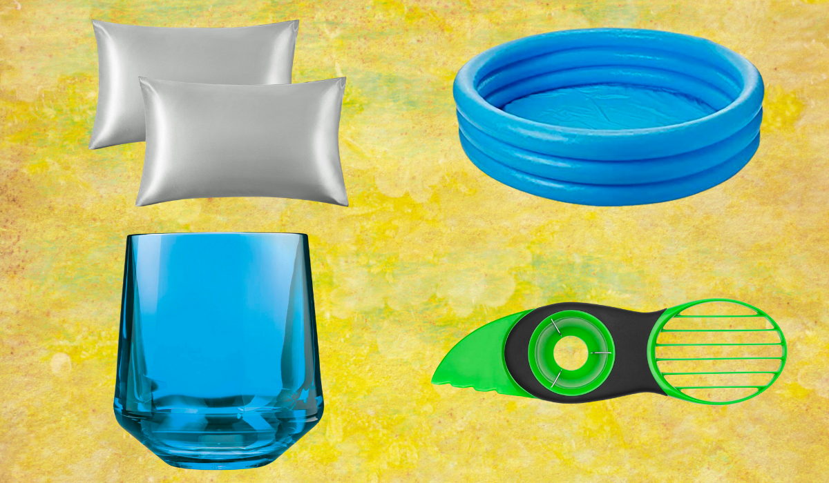 Silk pillows, inflatable pool, wine glasses, and avocado slicer
