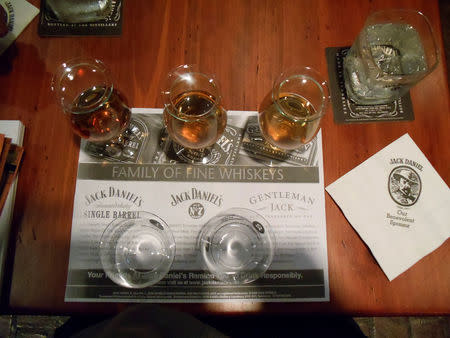 FILE PHOTO: A Whiskey tasting station is seen at the Jack Daniel's distillery in Lynchburg, Tennessee May 10, 2011. REUTERS/Martinne Geller/File Photo