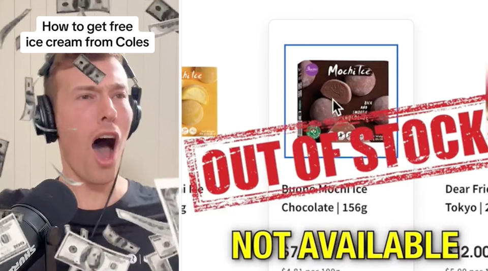 一段 TikTok 视频显示，一名男子感到惊讶，钱落在他身边，而 Coles 网站上的冰淇淋却脱销了。