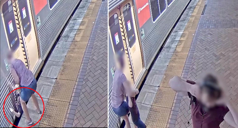 CCTV showing child falling down gap between train and platform. 