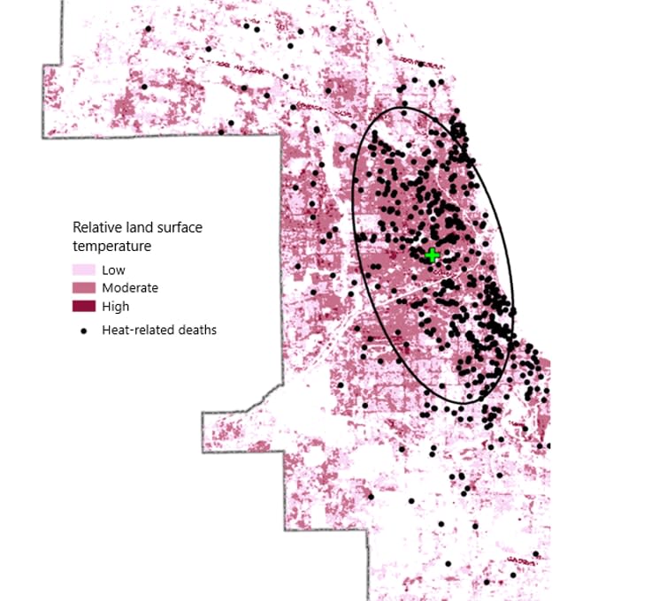 <div class="inline-image__caption"><p>The location of heat-related deaths clustered in areas of higher surface urban heat intensity in Chicago.</p></div> <div class="inline-image__credit">Daniel P. Johnson</div>