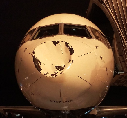 The nose of the Thunder’s plane shows extensive damage after landing safely. (Twitter/@RealStevenAdams)