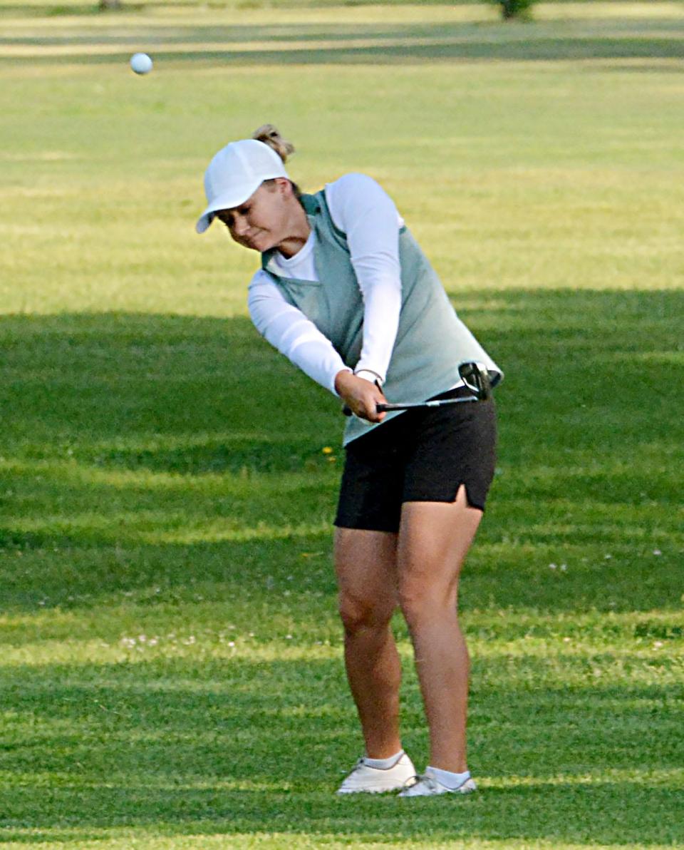 Allison Kahler of Burke-Hettinger/Scranton hits to No. 1 Yellow at the Cattail Crossing Golf Course during the opening day of the state Class B girls golf tournament on Monday, June 5, 2023 in Watertown.