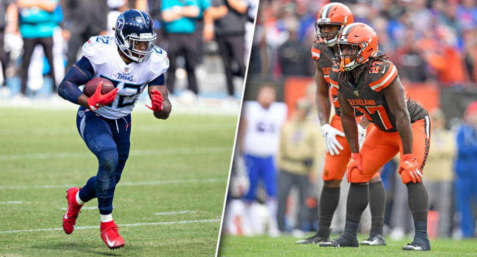 Derrick Henry or Nick Chubb and Kareem Hunt? (Photos by Wesley Hitt/Jason Miller/Getty Images)