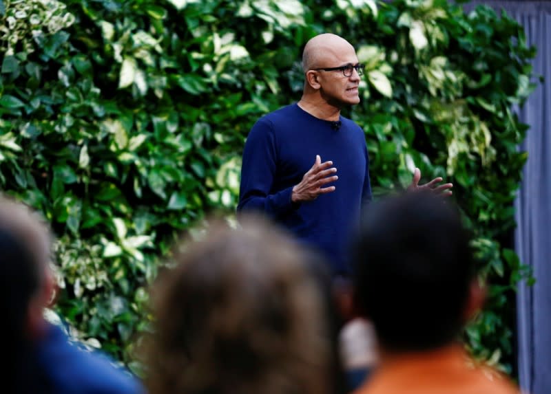 Microsoft CEO Nadella speaks as the company announces plans to be carbon negative by 2030 and to negate all the direct carbon emissions ever made by the company by 2050 at their campus in Redmond