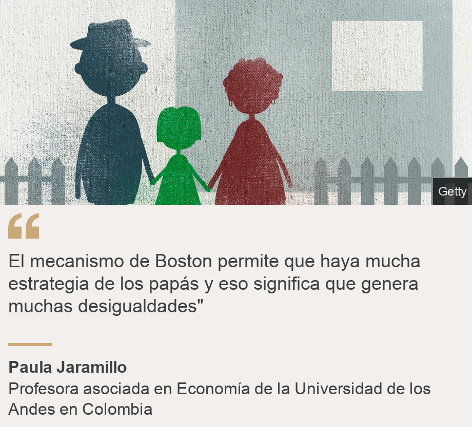 "El mecanismo de Boston permite que haya mucha estrategia de los papás y eso significa que genera muchas desigualdades"", Source: Paula Jaramillo, Source description: Profesora asociada en Economía de la Universidad de los Andes en Colombia, Image: Ilustración de una familia y un niño. 