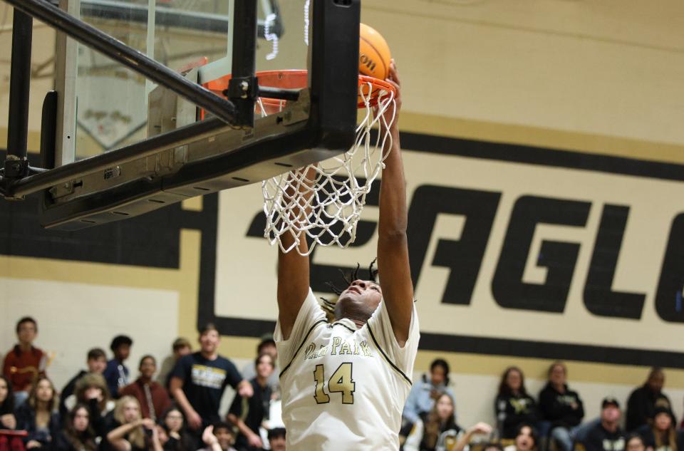 Oak Park's Aaron Huggins goes up for a two-handed dunk during the Eagles' 70-45 win over Diamond Bar in a CIF-SS Division 2AA first-round game at Oak Park High on Wednesday, Feb. 7, 2024.