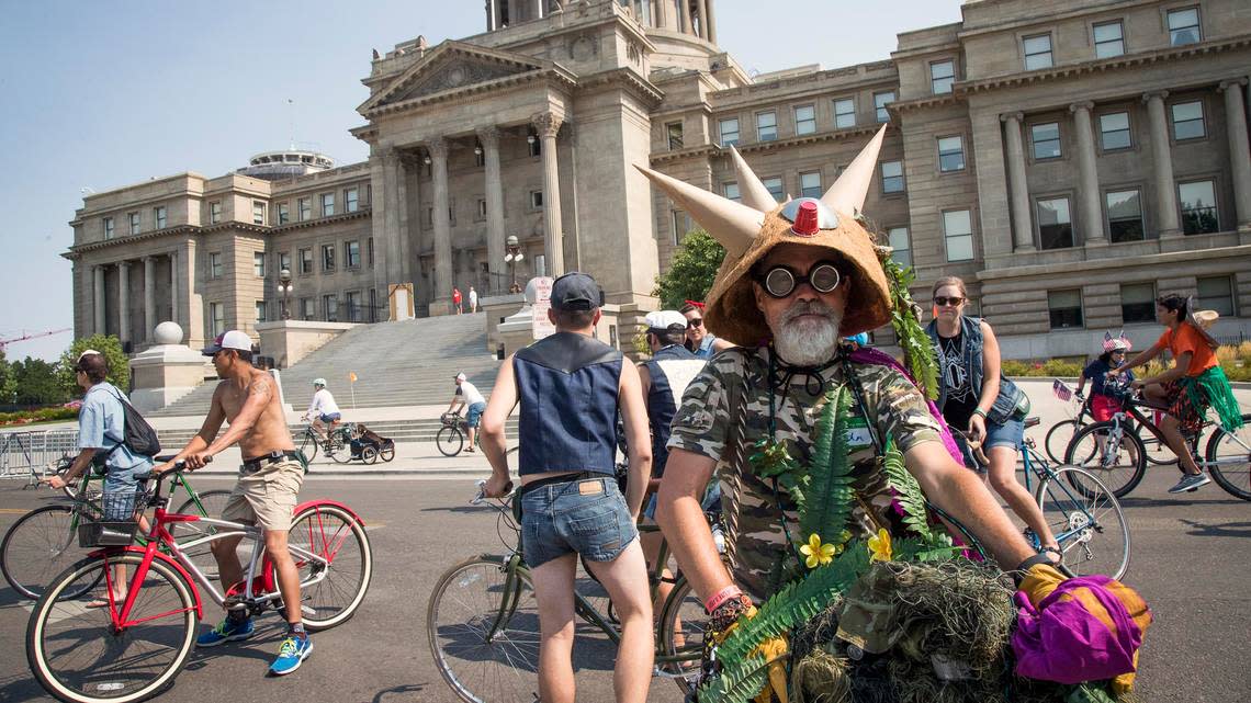 John Drynan of Boise got right to the point with his goathead helmet at the inaugural Boise Goathead Fest bicycle parade and party in 2018.