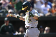 Oakland Athletics' Tyler Nevin celebrates after his home run during the seventh inning of a baseball game against the Baltimore Orioles, Sunday, April 28, 2024, in Baltimore. (AP Photo/Nick Wass)