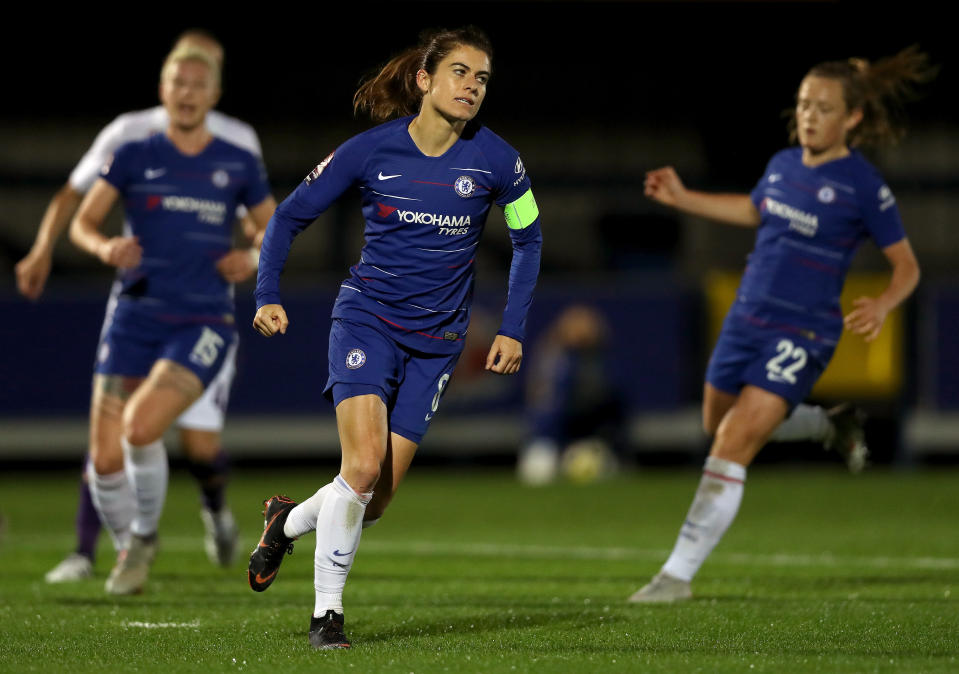 Karen Carney celebrates putting Chelsea 1-0 up against Fiorentina…before she was sent vile messages after the game