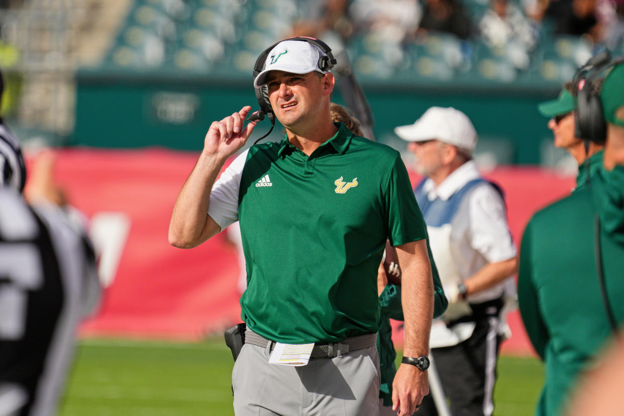 PHILADELPHIA, PA - NOVEMBER 05: South Florida Bulls head coach Jeff Scott looks on during the game between the South Florida Bulls and the Temple Owls on November 5, 2022 at  Lincoln Financial Field in Philadelphia, PA. (Photo by Andy Lewis/Icon Sportswire via Getty Images)