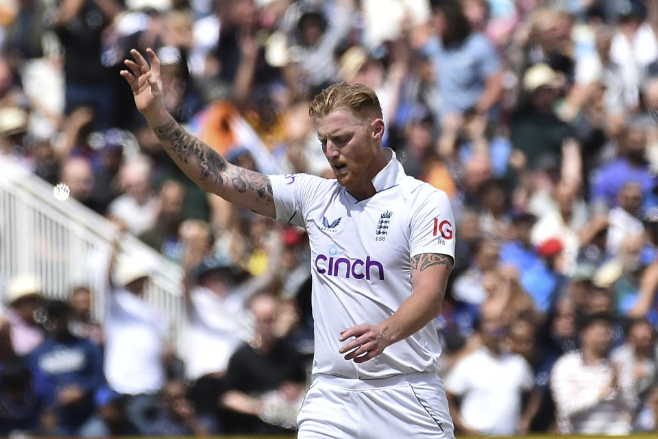 England's captain Ben Stokes reacts after taking the wicket of India's Jasprit Bumrah during the fourth day of the fifth cricket test match between England and India at Edgbaston in Birmingham, England, Monday, July 4, 2022. (AP Photo/Rui Vieira)