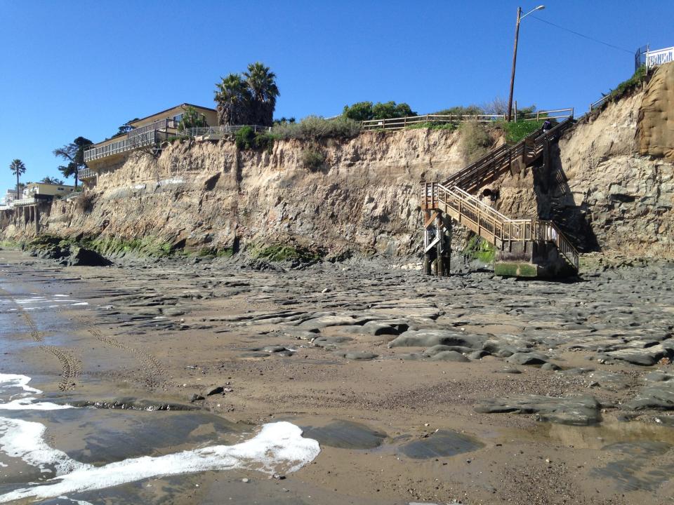 Exposed bedrock on the beach during very low (negative) tide at Isla Vista, California in Feb. 2017, approximately.