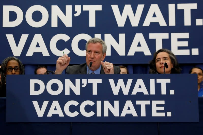 FILE PHOTO: Mayor Bill de Blasio speaks during news conference on measles outbreak in New York