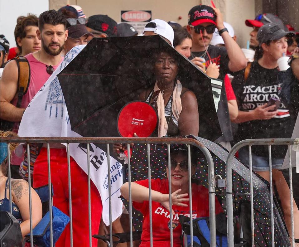 The rain does not stop Panthers fans as they line up A1A to watch celebration of the Stanley Cup win in Fort Lauderdale on Sunday, June 30, 2024.