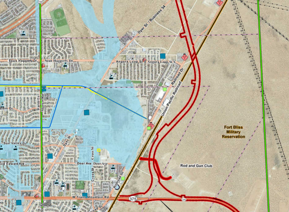The planned Borderland Expressway would start just east of Railroad Drive and Trans Mountain Road, bottom of map, and end at Martin Luther King Jr. Boulevard, and connect to a New Mexico highway.