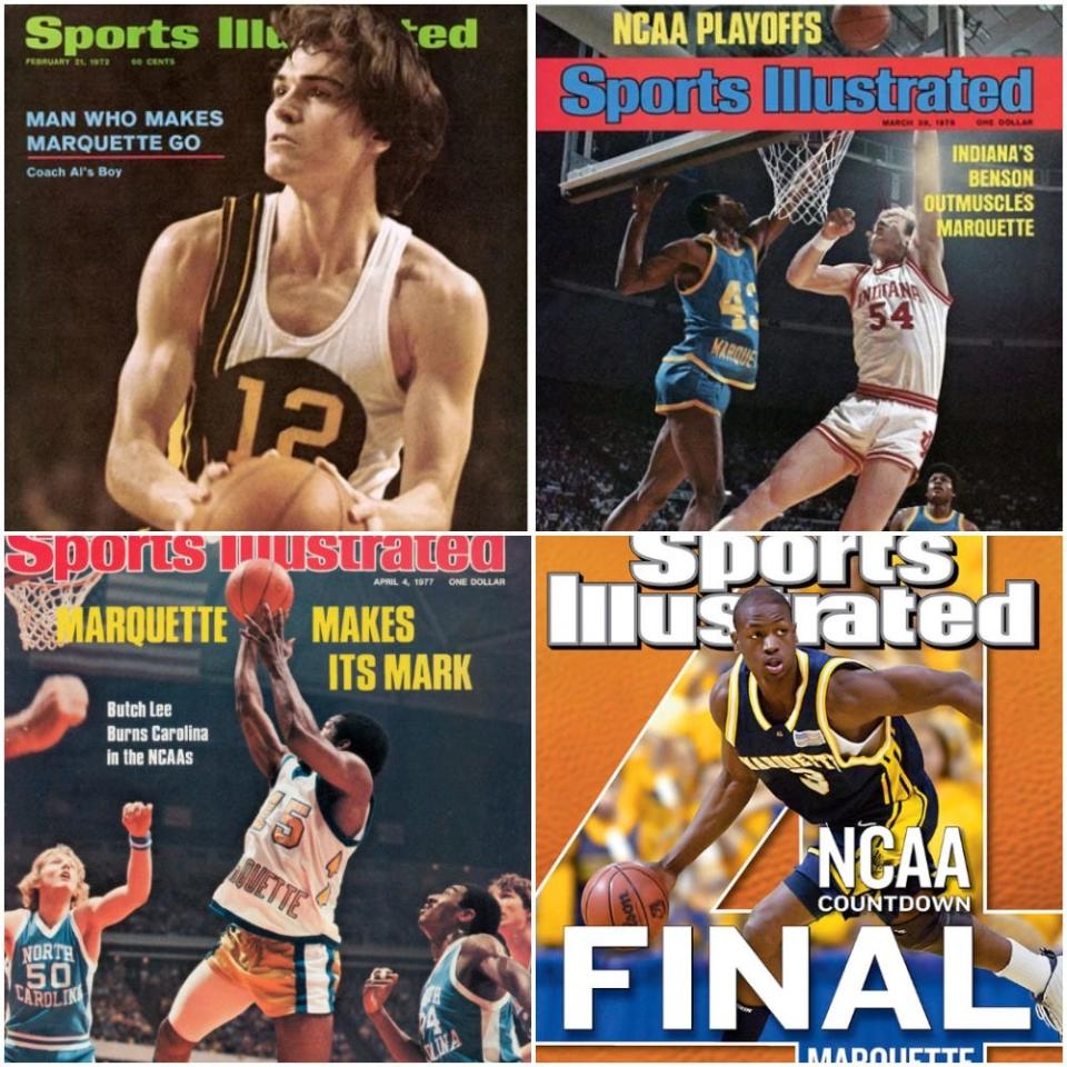 Marquette players to appear on the cover of Sports Illustrated have included (clockwise from upper left) Allie McGuire, Earl Tatum (with Jerome Whitehead in the background), Dwyane Wade and Butch Lee.