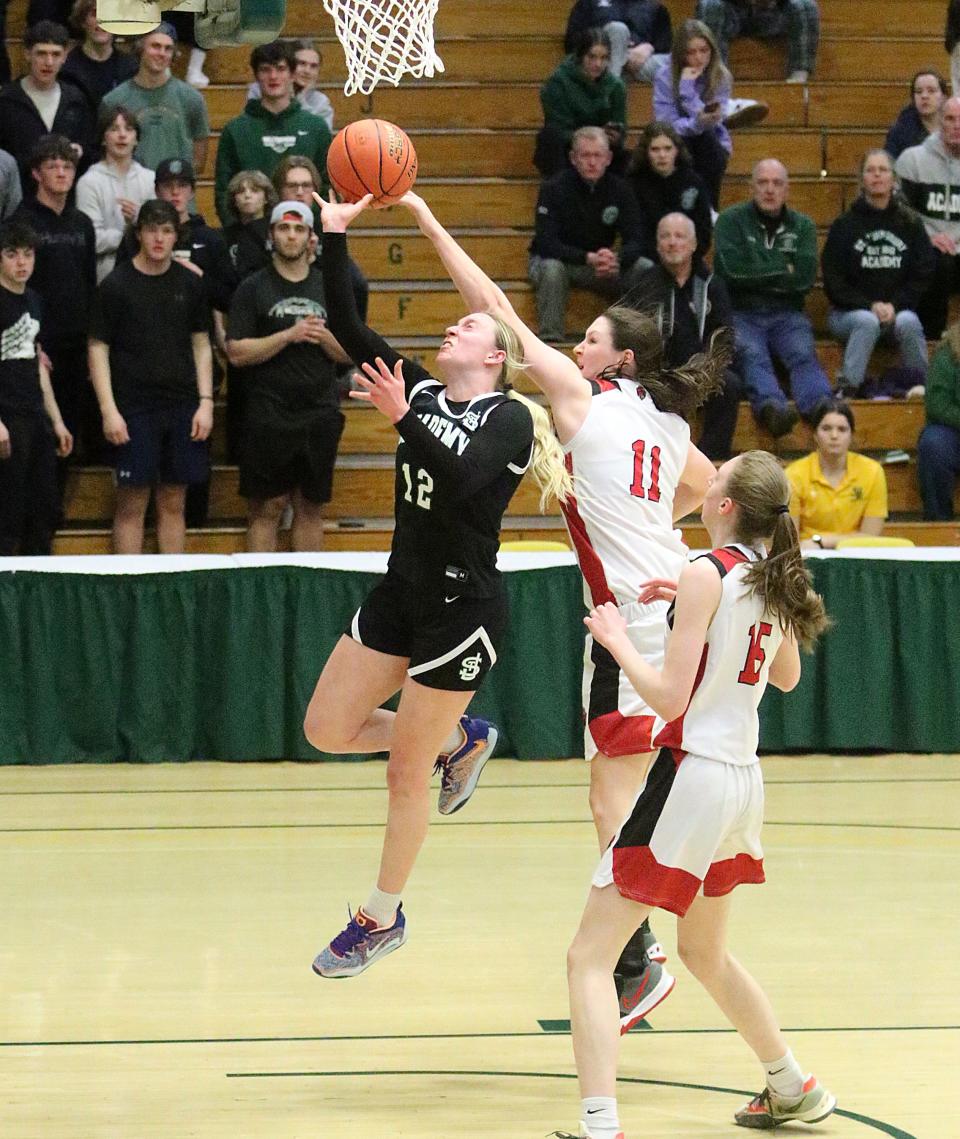 CVU's Elise Berger blocks St Johnsbury's Kaia Anderson's shot during the Redhawks 43-29 win over the Hilltoppers in the D1 State Championship game on Friday night at UVM's Patrick Gym.