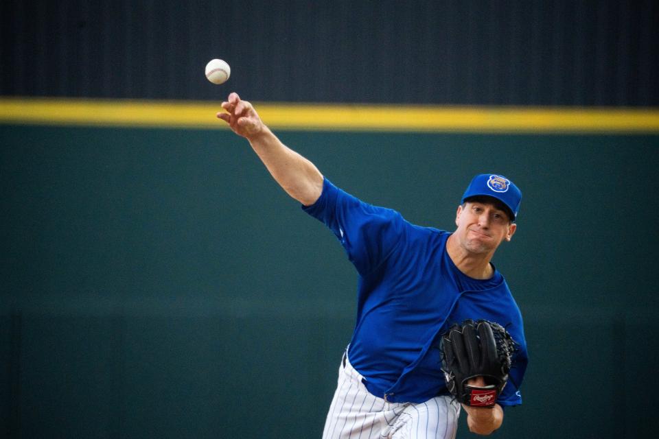 Cubs pitcher Kyle Hendricks throws a pitch during a game against Columbus on Tuesday at Principal Park in Des Moines.
