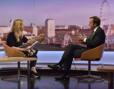 Britain's Secretary of State for Digital, Culture, Media and Sport, Matt Hancock, appears on the BBC's Marr Show in London, Britain, May 20, 2018. Jeff Overs/BBC/Handout via REUTERS