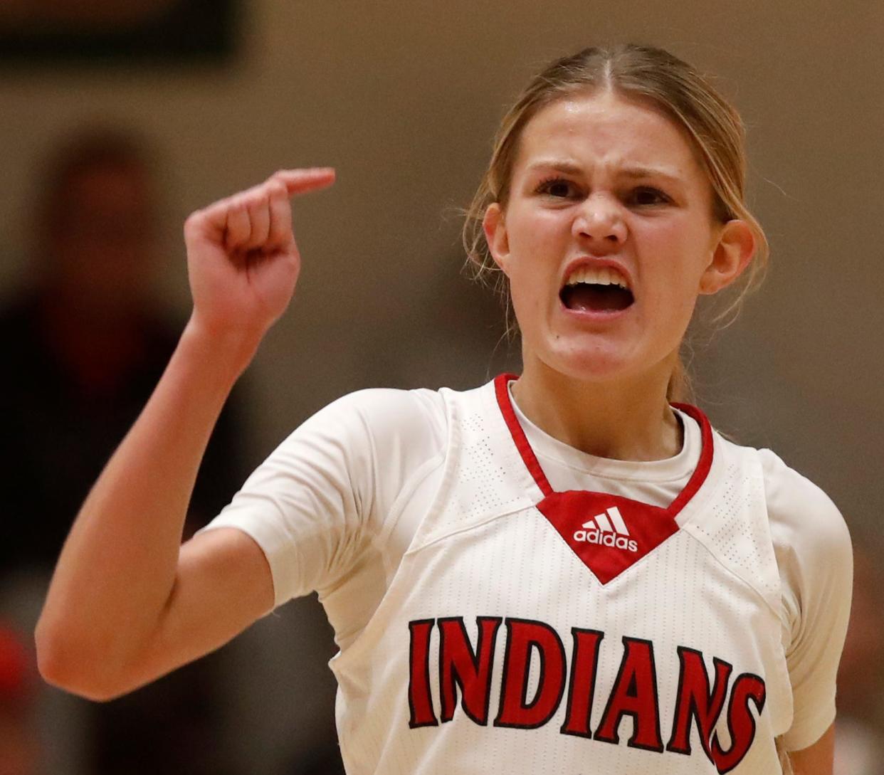Twin Lakes guard Addie Bowsman (11) celebrates after making a basket during the IHSAA girl’s basketball sectional game against the West Lafayette Red Devils, Friday, Feb. 3, 2023, at the Benton Central in Oxford, Ind. Twin Lakes won 68-61 in 2OT.