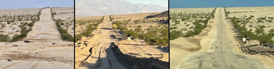 Composite showing debris removal from a dip on Badwater Road. (Left photo by NPS. Center and right photos by FHWA.)