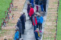 <p>A man inspects plaques at the field of remembrance in Cardiff Castle ahead of the armistice day silence on Nov. 11, 2017 in Cardiff, Wales, England. (Photo: Mark Hawkins/Composed Images/Barcroft Media via Getty Images) </p>