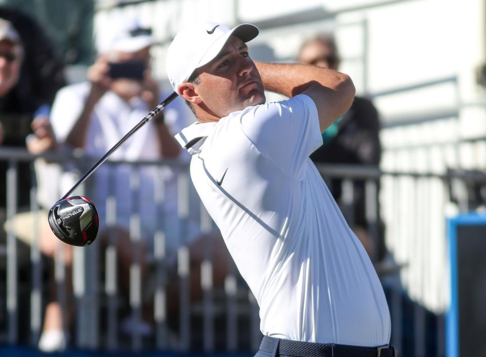 Scottie Scheffler tees off on the first hole at the Pete Dye Stadium Course at PGA West during The American Express in La Quinta, Calif., Jan. 21, 2023. 