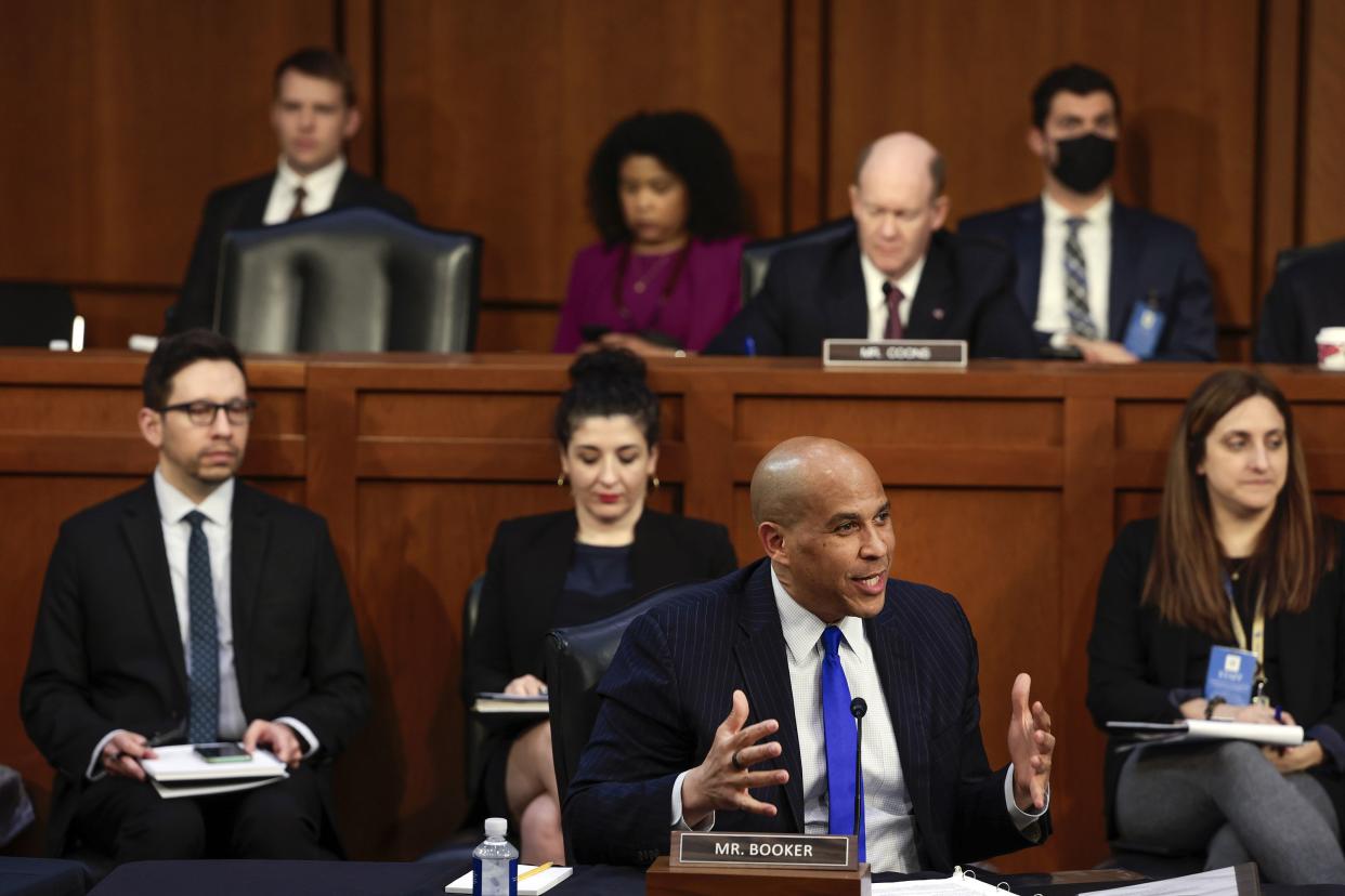 Sen. Cory Booker (D-NJ) delivers remarks during the Senate Judiciary Committee confirmation hearing for U.S. Supreme Court nominee Judge Ketanji Brown Jackson in the Hart Senate Office Building on Capitol Hill on March 21, 2022, in Washington, DC.