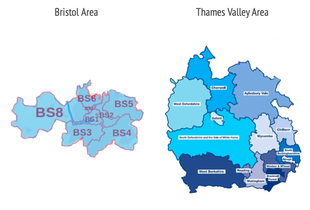 Postcodes in Bristol and Thames Valley where people can volunteer for the vaccine trials. (University of Oxford)