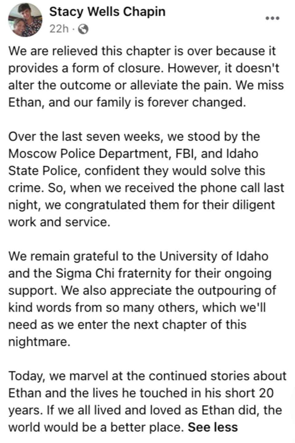 Ethan Chapin’s mother Stacy Chapin thanked law enforcement for their investigative efforts (Stacy Wells Chapin Facebook)