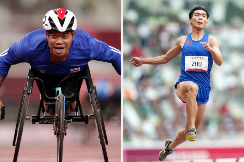 Pongsakorn Paeyo celebrating breaking the world record in wheelchair racing, Zhu Dening competing in the long jump event