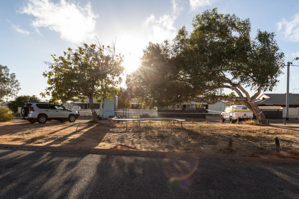 Police vehicles are seen outside the house where missing girl Cleo Smith was rescued by Western Australian Police. Source: AAP