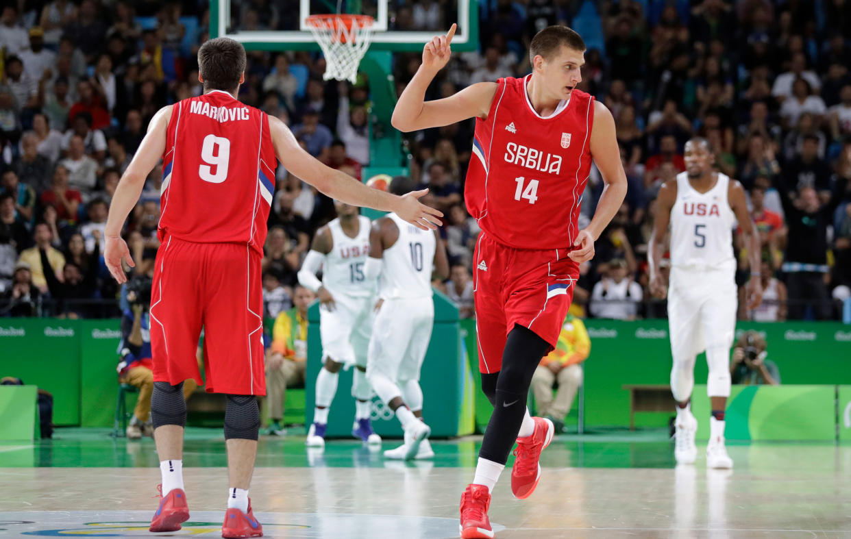 Serbia’s Nikola Jokic celebrates during a men’s basketball game against the U.S. at the 2016 Summer Olympics in Rio de Janeiro, on Aug. 12, 2016.<span class="copyright">Eric Gay—AP</span>