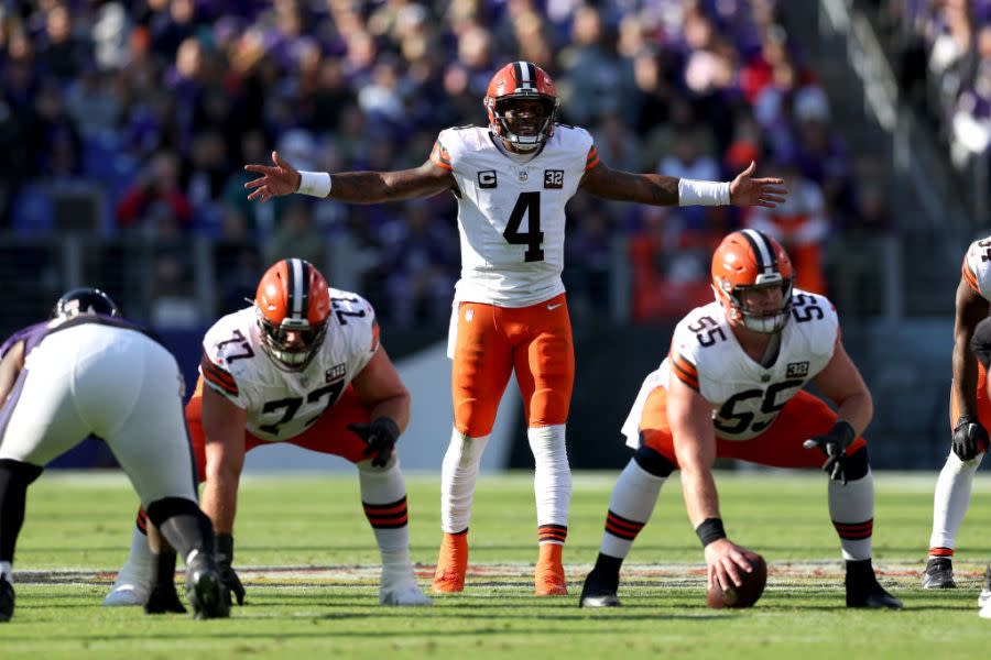 BALTIMORE, MARYLAND – NOVEMBER 12: Deshaun Watson #4 of the Cleveland Browns motions at the line of scrimmage against the Baltimore Ravens during the second quarter at M&T Bank Stadium on November 12, 2023 in Baltimore, Maryland. (Photo by Todd Olszewski/Getty Images)