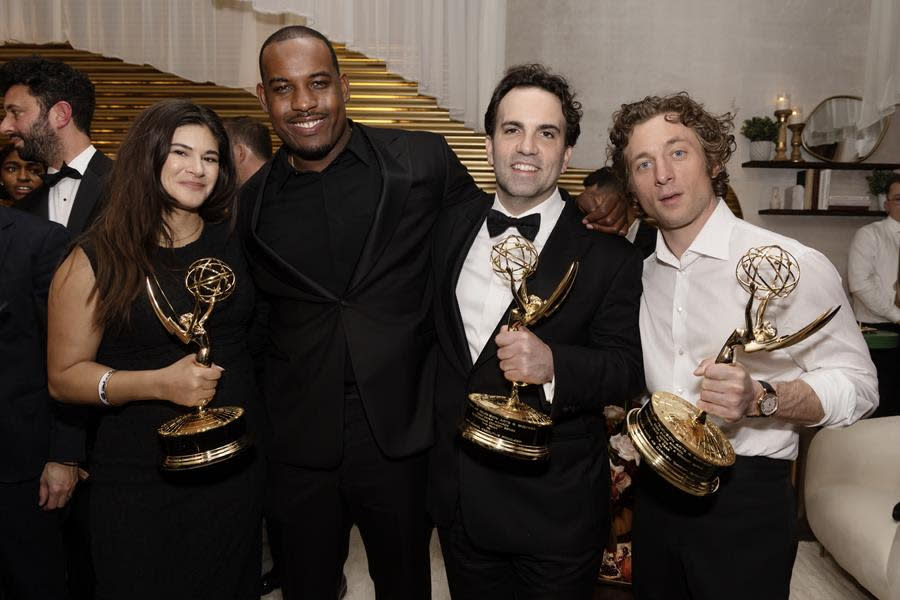 (Left to Right) “The Bear” gang – Joanna Calo (co-showrunner), actor Lionel Boyce, Josh Senior (executive producer) and actor Jeremy Allen White celebrate the show’s wins at The Walt Disney Company 2024 Post-Emmys Celebration at Otium in Los Angeles. (Disney/Frank Micelotta)