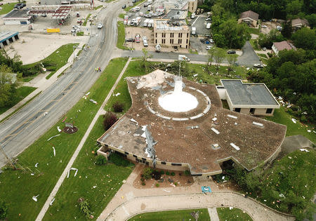 Debris from a damaged building is shown in this aerial photo after a tornado touched down overnight in Jefferson City, Missouri, U.S. May 23, 2019. REUTERS/Drone Base