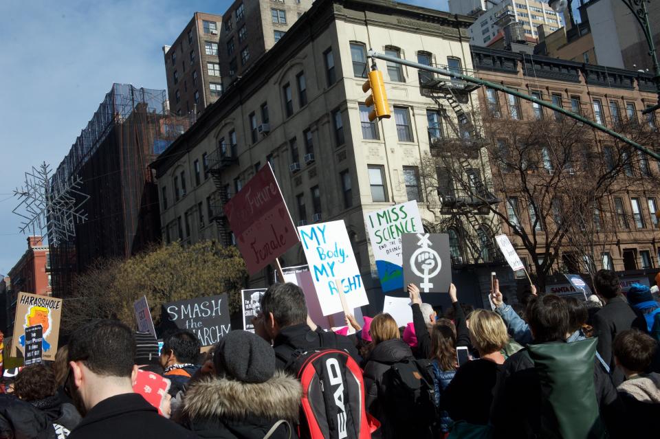 People march in Manhattan during the 2018 Women&rsquo;s March on New York City on Jan. 20, 2018.&nbsp;&nbsp;