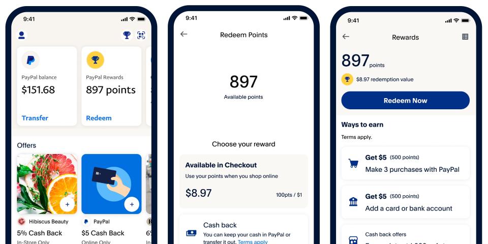 Previews of the new rewards section of the PayPal app interface.