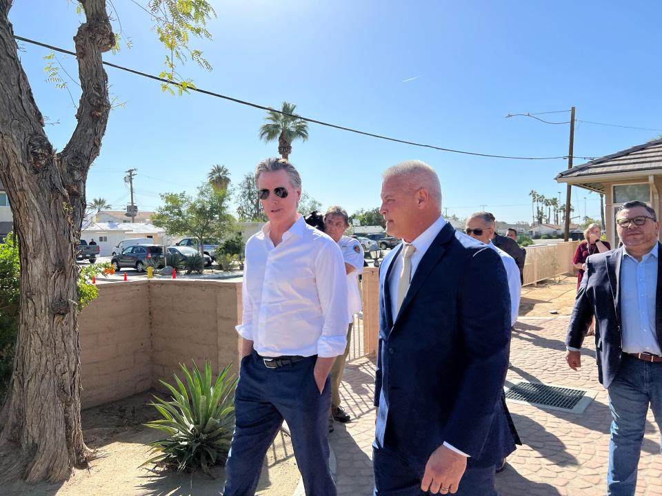 California Gov. Gavin Newsom tours the ABC Recovery Center in Indio on March 1, 2024 with Chris Yingling, CEO of the facility.