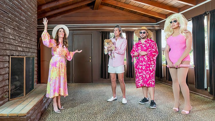 As seen on Trixie Motel, (from L to R) Lisa Vanderpump, Brandon Lim, David Silver, and Trixie Mattel.