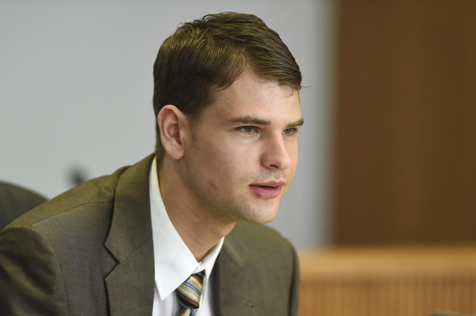 FILE - Nathan Carman speaks at a hearing in probate court, Tuesday, Aug. 7, 2018, in West Hartford, Conn. Carman, who was found floating on a raft in the ocean off the coast of Rhode Island in 2016 after his boat sank, has been indicted on charges alleging he killed his mother at sea to inherit the family's estate, according to the indictment unsealed Tuesday, May 10, 2022. (Cloe Poisson/Hartford Courant via AP, Pool, File)