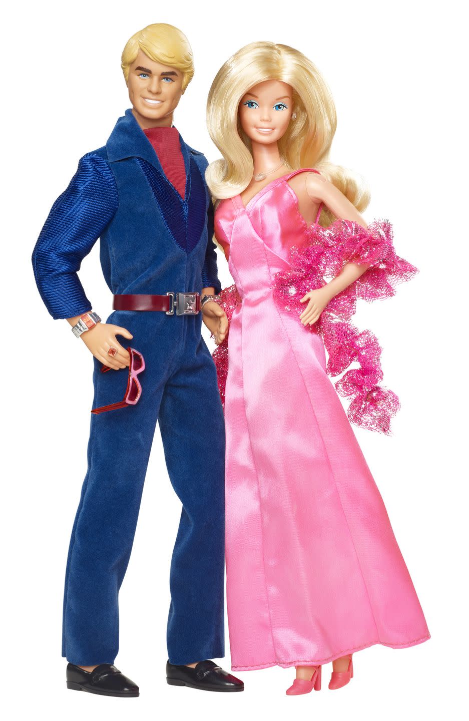 Doll, Barbie, Toy, Clothing, Pink, Blond, Costume, Jeans, Electric blue, Formal wear, 