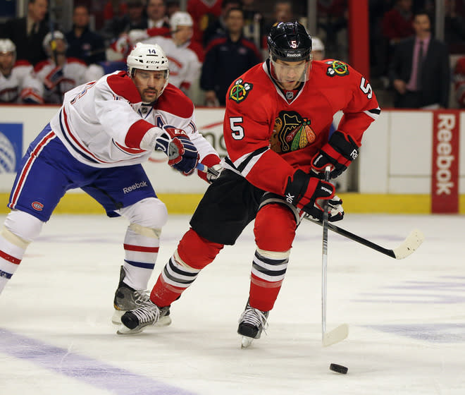 Steve Montador #5 Of The Chicago Blackhawks Controls Getty Images