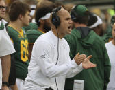 Baylor head coach Dave Aranda calls to his players in the second half of an NCAA college football game against Texas Tech, Saturday, Nov. 27, 2021, in Waco, Texas. (AP Photo/Jerry Larson)