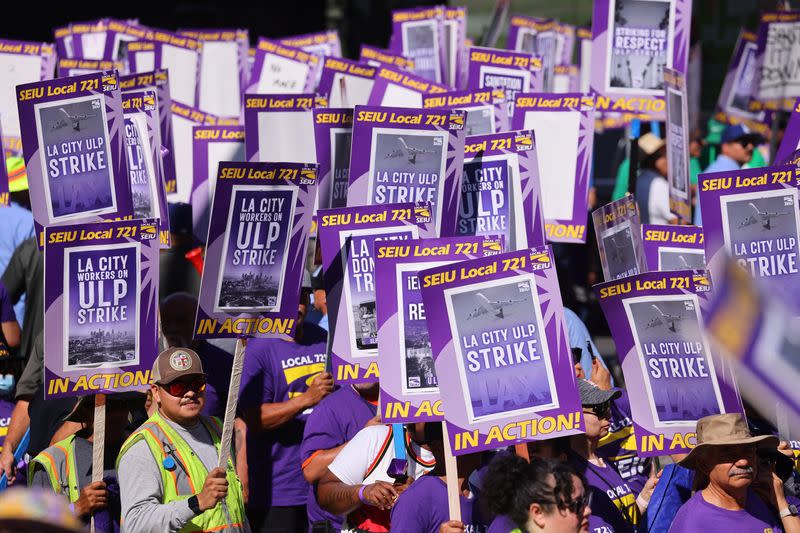 Los Angeles city workers hold a rally in protest over labor negotiations, in Los Angeles