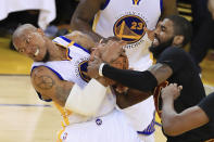 <p>David West #3 of the Golden State Warriors and Kyrie Irving #2 of the Cleveland Cavaliers fight for possesion in Game 5 of the 2017 NBA Finals at ORACLE Arena on June 12, 2017 in Oakland, California. </p>