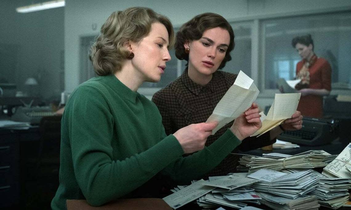 Carrie Coons, left, and Keira Knightley in the Hulu film “Boston Strangler,” streaming March 17, 2023.
