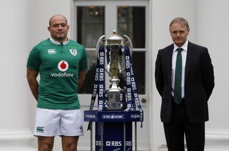 Britain Rugby Union - RBS Six Nations Media Launch - The Hurlingham Club, Ranelagh Gardens, London - 25/1/17 Ireland Head Coach Joe Schmidt and Captain Rory Best pose with the RBS Six Nations Trophy during the RBS Six Nations Media Launch Action Images via Reuters / Paul Childs Livepic